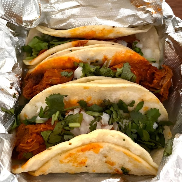 Four Mexican tacos with red meat, cilantro, and onions, nestled in aluminum foil.
